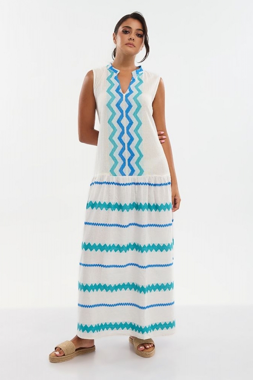 Φόρεμα αμάνικο με μπλε τυρκουάζ λεπτομέρειες