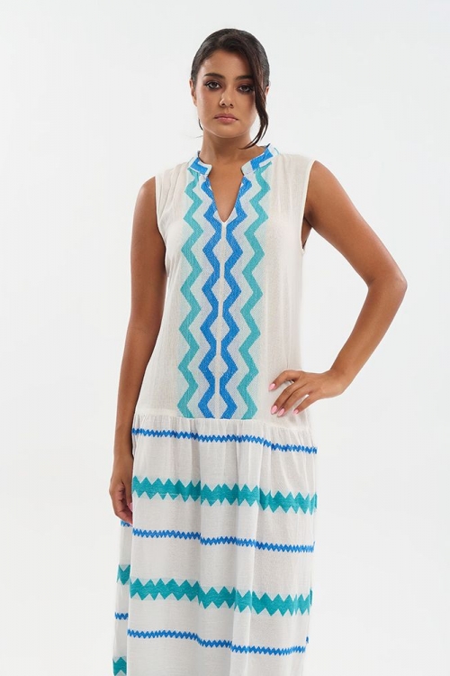 Φόρεμα αμάνικο με μπλε τυρκουάζ λεπτομέρειες