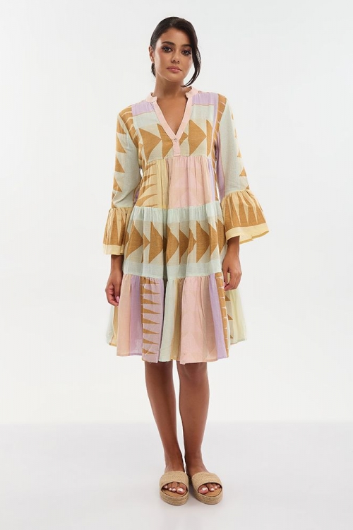 Φόρεμα κοντό με 3/4 μανίκι σε παστέλ χρώματα