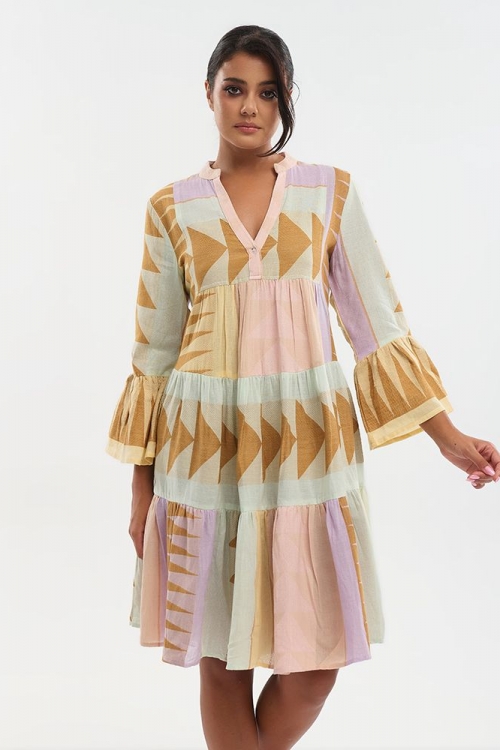 Φόρεμα κοντό με 3/4 μανίκι σε παστέλ χρώματα