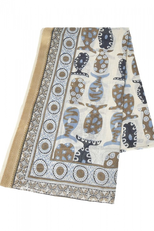 Φουλάρι/Παρεό με Γαλάζια/Καφε/Μαύρα ψάρια και χρυσή μπορντούρα