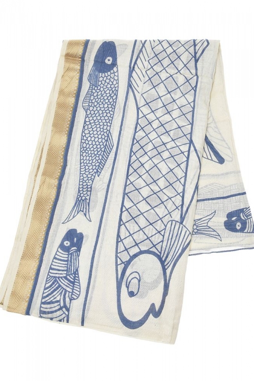 Φουλάρι/Παρεό με μπλέ ψάρια και χρυσή μπορντούρα